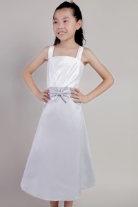 White And Lilac Straps Tea-length Taffeta Bow Flower Girl Dress