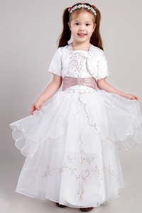White Square Ankle-length Taffeta And Organza Embroidery Flower Girl Dress