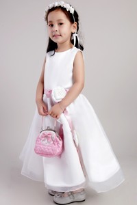 White Scoop Ankle-length Organza Belt And Handle Made Flowers Little Girl Dress