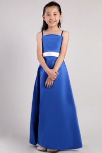 Blue Straps Ankle-length Satin Belt Little Girl Dress