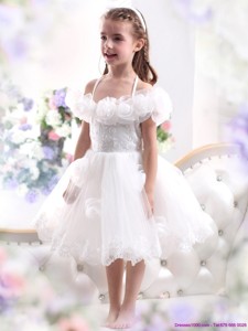 Comfortable White Halter Top Flower Girl Dress with Hand Made Flower 
