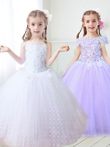 Latest Spaghetti Straps Applique and Beaded Flower Girl Dress in White 
