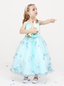 Cheap Straps Applique and Bowknot Flower Girl Dress in Ankle Length 