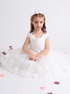 Handcrafted Flowers Decorated Scoop Flower Girl Dress with Cap Sleeves 