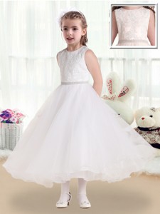Fashionable Scoop Tea Length Flower Girl Dress With Lace