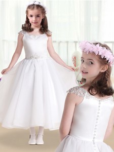 Latest Cap Sleeves Flower Girl Dress With Beading And Appliques
