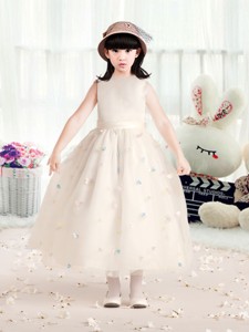 Perfect Bateau Champagne Flower Girl Dress With Appliques And Belt