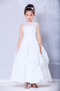 White Bateau Ankle-length Taffeta And Organza Beading Flower Girl Dress
