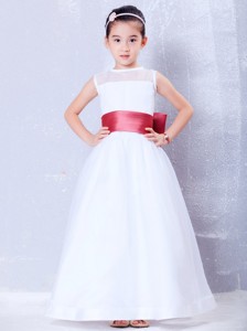 White And Coral Red Bateau Ankle-length Organza And Taffeta Bow Flower Girl Dress