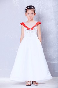 White And Red Scoop Ankle-length Satin And Organza Embroidery Flower Girl Dress