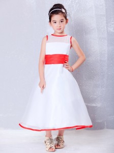 White And Red Scoop Ankle-length Organza Flower Girl Dress