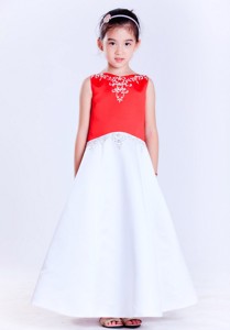 White And Red V-neck Ankle-length Satin Bow Embroidery Flower Girl Dress