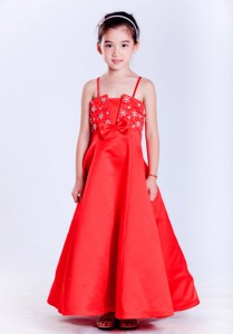 Red Straps Ankle-length Taffeta Beading Flower Girl Dress