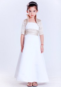 White Strapless Ankle-length Satin Beading Flower Girl Dress