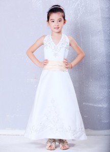 White Halter Ankle-length Satin Embroidery Flower Girl Dress