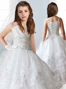 Luxurious White Spaghetti Straps Flower Girl Dress with Appliques and Ruffled Layers 