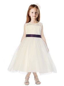 See Through Scoop Belt and Lace Flower Girl Dress in Champagne 