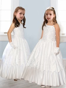 Discount Asymmetrical Neckline White Flower Girl Dress with Appliques 