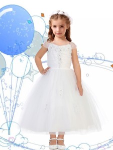 Top Selling Square Cap Sleeves Appliques Flower Girl Dress in White 