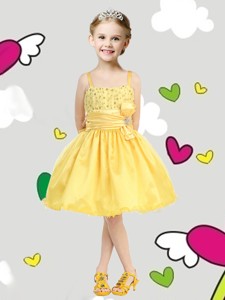 Perfect Spaghetti Straps Belt and Sequins Little Girl Pageant Dress in Yellow 