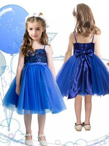 Fashionable Spaghetti Straps Royal Blue Little Girl Pageant Dress with Sashes and Sequins 
