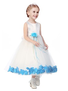 Perfect Scoop Flower Girl Dress with Aqua Blue Hand Made Flowers 