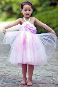 Pink Halter Knee-length Tullehand Made Flowers Flower Girl Dress