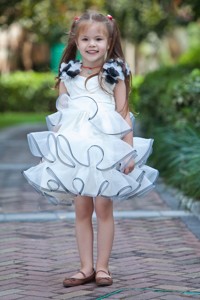 White V-neck Mini-length Taffeta And Organza Hand Made Flowers Flower Girl Dress