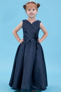 Navy Blue V-neck Floor-length Taffeta Flower Girl Dress