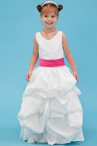 White V-neck Ankle-length Taffeta Belt Flower Girl Dress