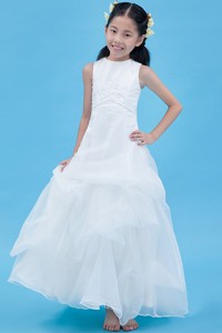 White Scoop Ankle-length Organza Appliques Flower Girl Dress