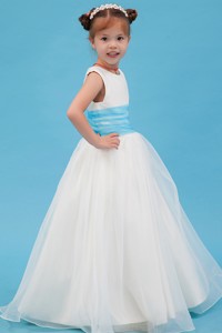 White Scoop Floor-length Organza Belt Flower Girl Dress