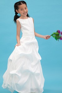 White Scoop Floor-length Taffeta Appliques Flower Girl Dress
