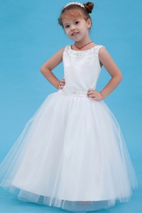 White Scoop Floor-length Tulle Beading Flower Girl Dress