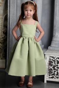 Olive Green Straps Tea-length Satin Belt And Bowknot Little Girl Dress