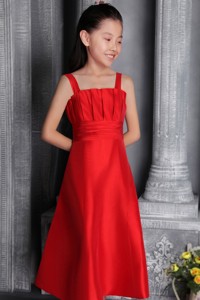 Red Princess Wide Straps Tea-length Satin Ruch Flower Girl Dress