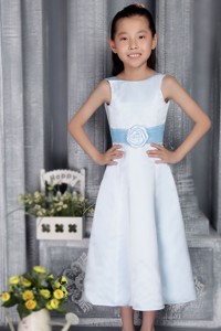 Light Blue Princess Scoop Tea-length Satin Belt Flower Girl Dress