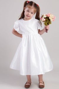 White Princess Scoop Tea-length Taffeta Flower Girl Dress