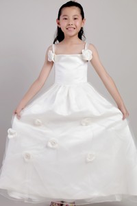 White Straps Ankle-length Taffeta And Organza Hand Made Flowers Flower Girl Dress