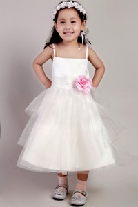 White Straps Tea-length Tulle Hand Made Flower Little Girl Dress