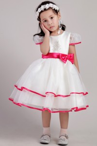 White Princess Scoop Tea-length Organza Beading and Bowknot Little Girl Dress 