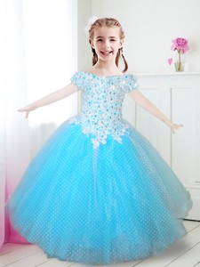 New Off the Shoulder Applique and Beaded Flower Girl Dress in Aqua Blue 