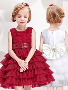 Simple Scoop Short Flower Girl Dress with Ruffled Layers and Bowknot 