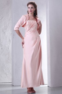 Baby Pink Strapless Column Ankle-length Mother Of The Bride Dress With Appliques