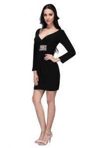 V-neck Black Mini-length Beaded Decorate Mother Of The Bride Dress With Long Sleeves
