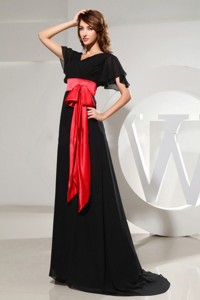 Black Mother Of The Bride Dress With Sash Short Sleeves And Brush Train