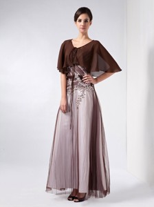Brown and White Column V-neck Ankle-length Chiffon and Tulle Beading Mother Of The Bride Dress