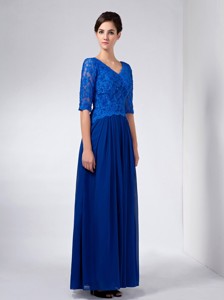 Blue Column V-neck Ankle-length Chiffon and Lace Beading Mother Of The Bride Dress