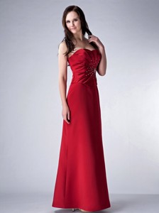 Red Column Strapless Floor-length Satin Beading Bridesmaid Dress