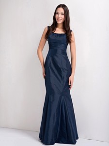 Navy Blue Mermaid Scoop Floor-length Taffeta Ruch Bridesmaid Dress